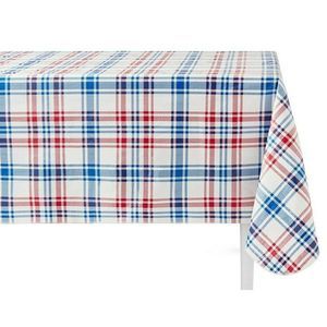Yorktown Plaid Vinyl Kitchen Tablecloth 60 x 84 inch PEVA Dining Red Blue White